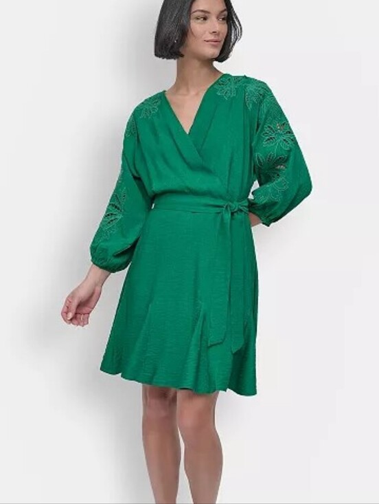 Dresses & Skirts - DKNY Green Faux Wrap Dress with Embroidered Sleeves - Women